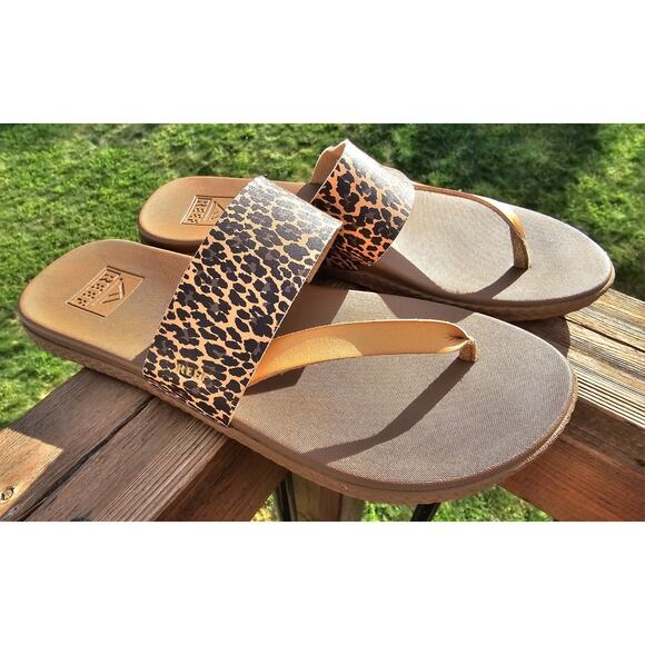 Reef Womens Brown Cushion Sol Diagonal T Strap Flip Flop Sandals Size 10 Leopard - Picture 1 of 7